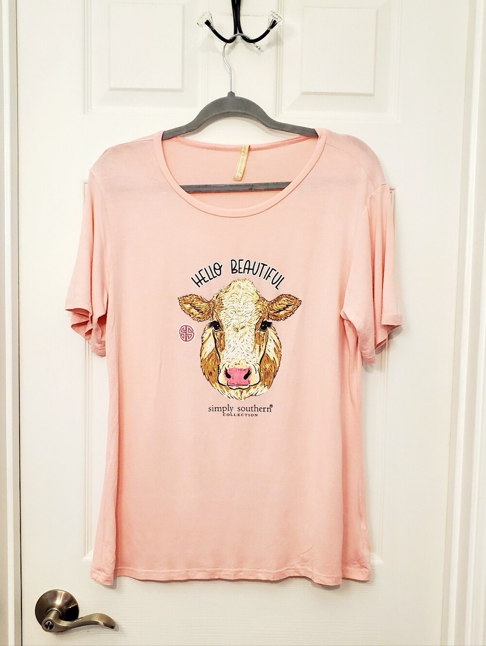 Simply Southern Pink Cow Graphic Tee with "Hello Beautiful" XL
